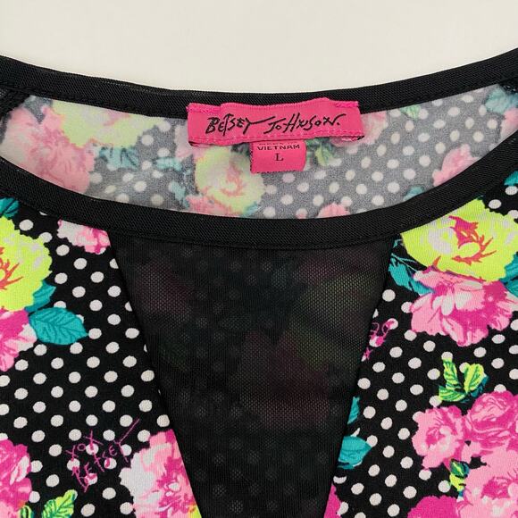 Betsey Johnson Blouse Long Mesh Sleeves Floral Polka dots Women's Size L - Picture 5 of 8